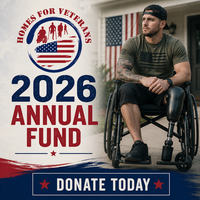 Man in a wheelchair with 'Homes for Veterans' 2026 Annual Fund' text and American flag.